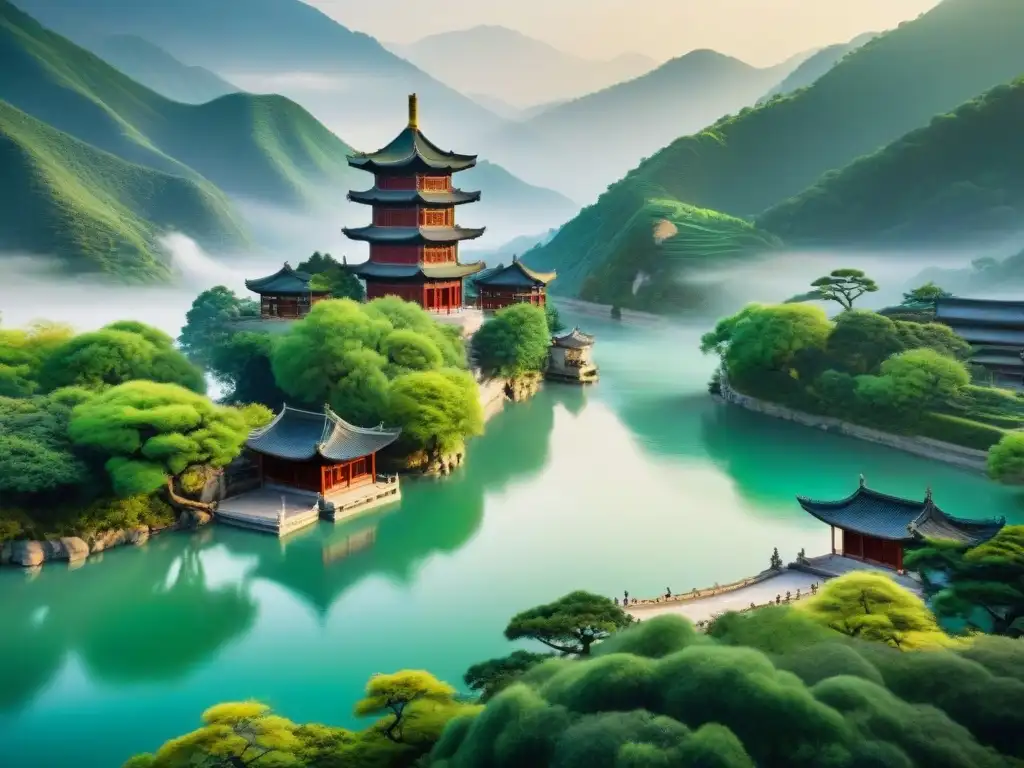 Pintura detallada de paisaje sereno con río, pagoda china, eruditos debatiendo