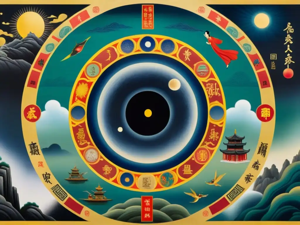 Pintura detallada de un pergamino chino tradicional sobre explicaciones antiguas sobre eclipses