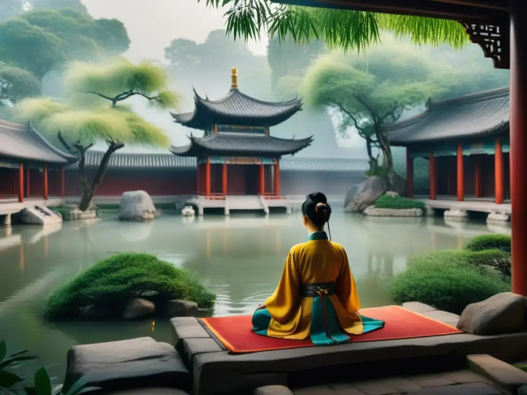 Pintura detallada de un sereno jardín chino con meditación y pagodas en la niebla