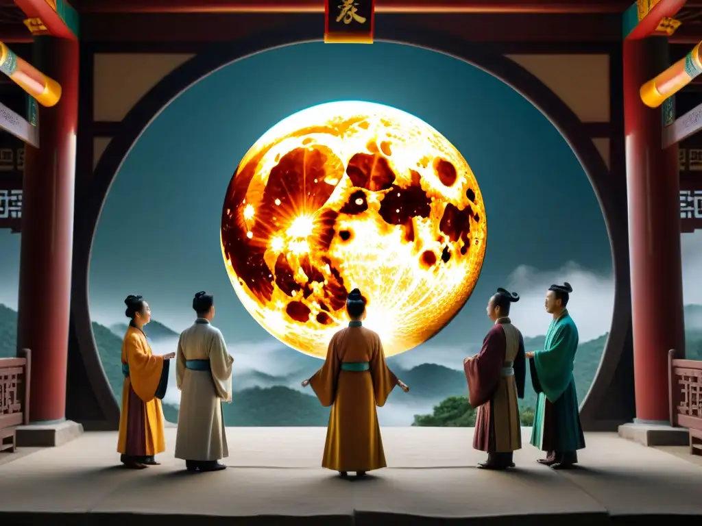 Pintura de un eclipse en la antigua China: astrónomos observan maravillados