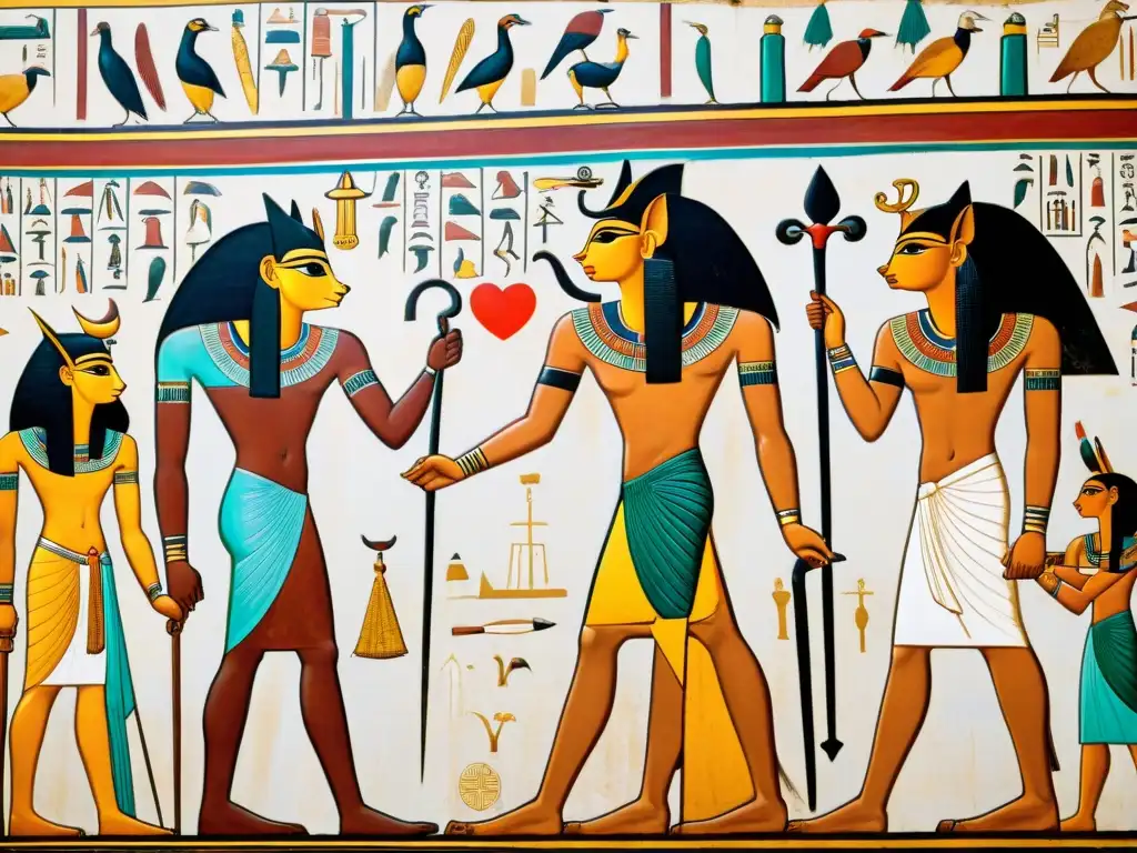 Pintura mural detallada del Juicio moral en el Más Allá Egipcio con Anubis, Thoth y Ma'at en una tumba antigua