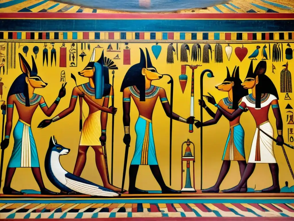 Pintura mural detallada en la tumba de Tutankamón con Anubis, el dios jackal de la muerte en Egipto, supervisando el juicio