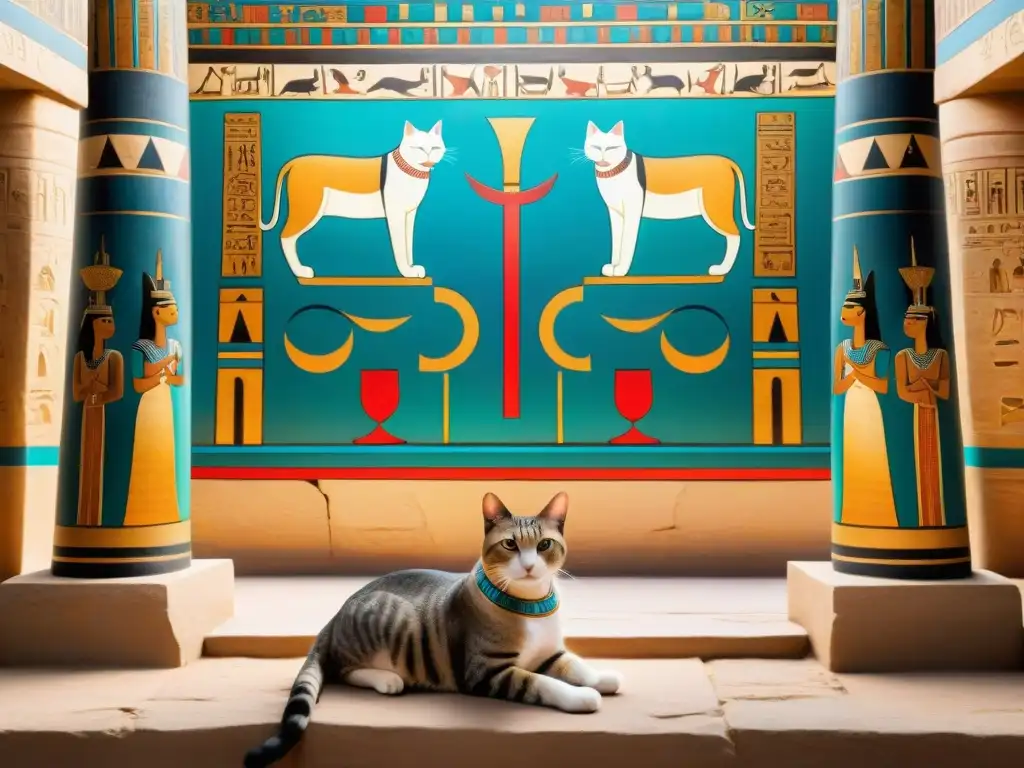 Pintura mural egipcia detallada con gatos sagrados y talismanes, simbolizando el significado de los felinos en culturas antiguas