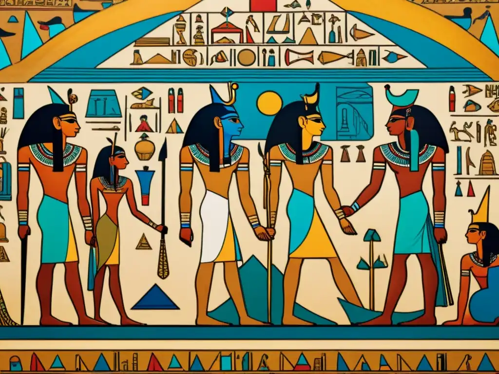 Pintura mural egipcia de un faraón recibiendo sueños proféticos de Horus, con jeroglíficos detallados y colores vibrantes