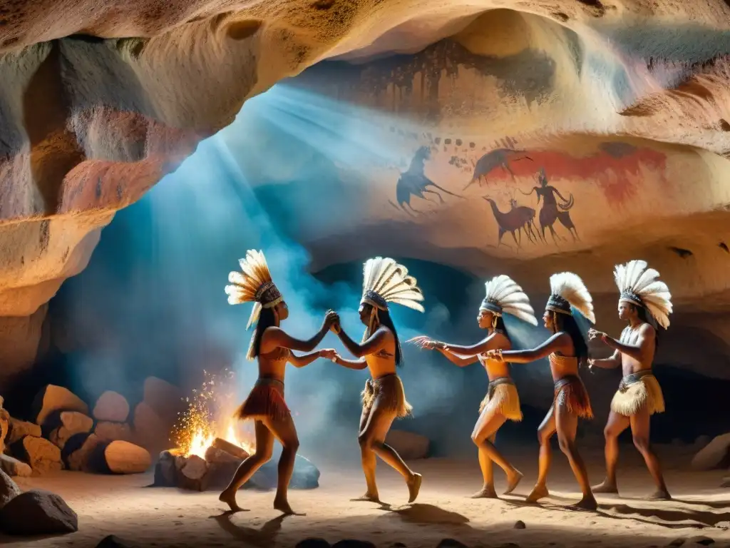 Pintura rupestre de danzas perdidas de civilizaciones antiguas en cueva misteriosa