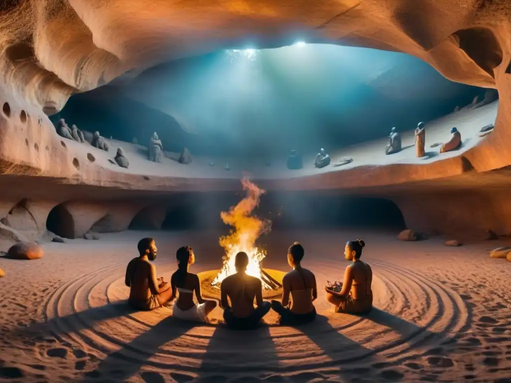 Pintura rupestre de figuras antiguas meditando en cueva, transmitiendo serenidad y sabiduría ancestral