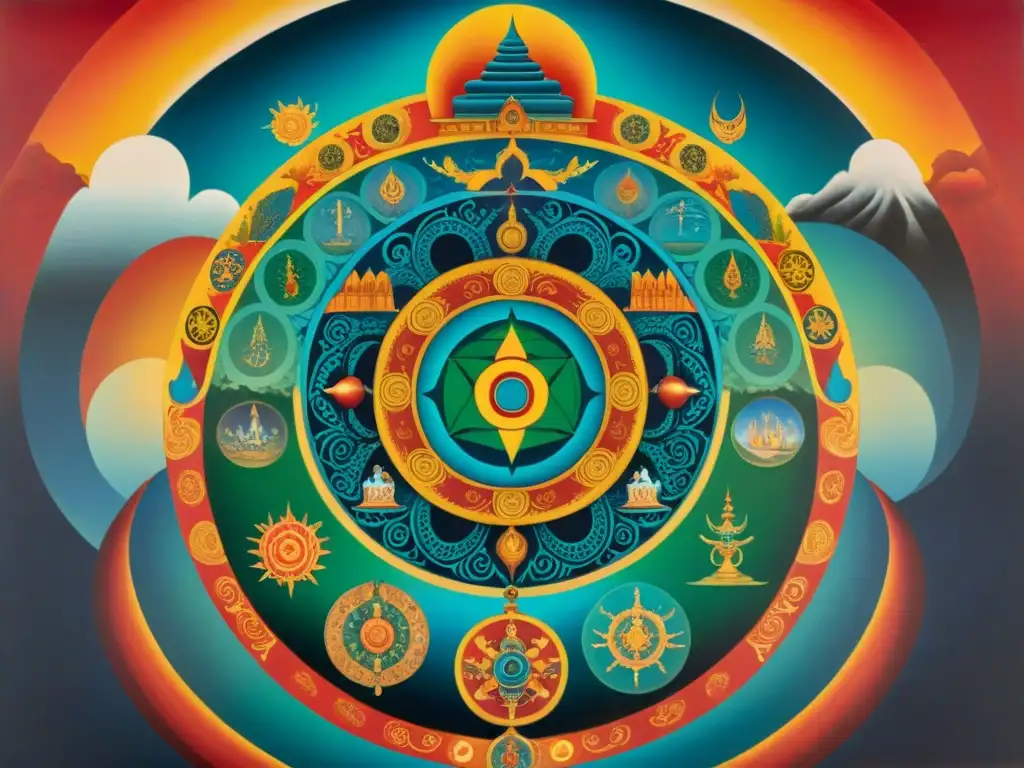 Una pintura tibetana detallada y vibrante del significado de la rueda de Samsara en el budismo, con ilustraciones de los seis reinos de existencia