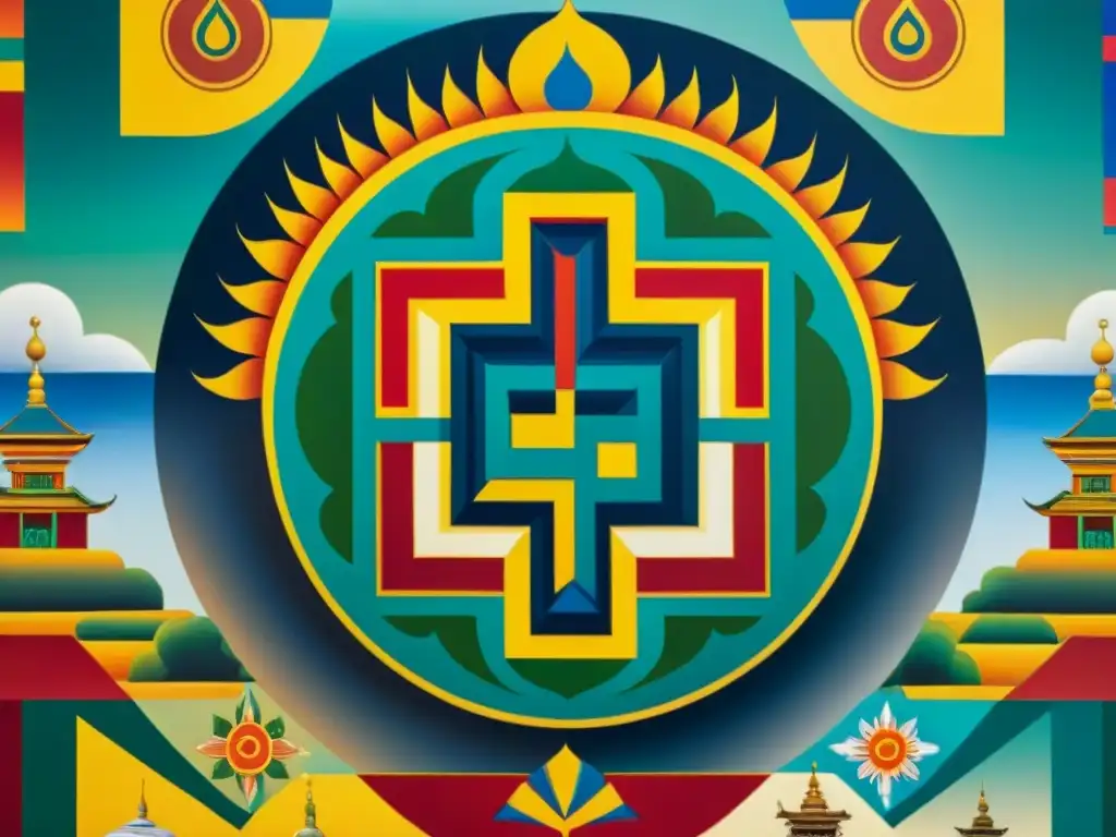 Pintura tibetana de la esvástica y otros símbolos religiosos