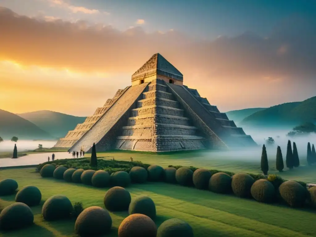 Pirámides Bosnias origen humanidad: Antiguas pirámides sobresalen al atardecer en un paisaje misterioso y majestuoso
