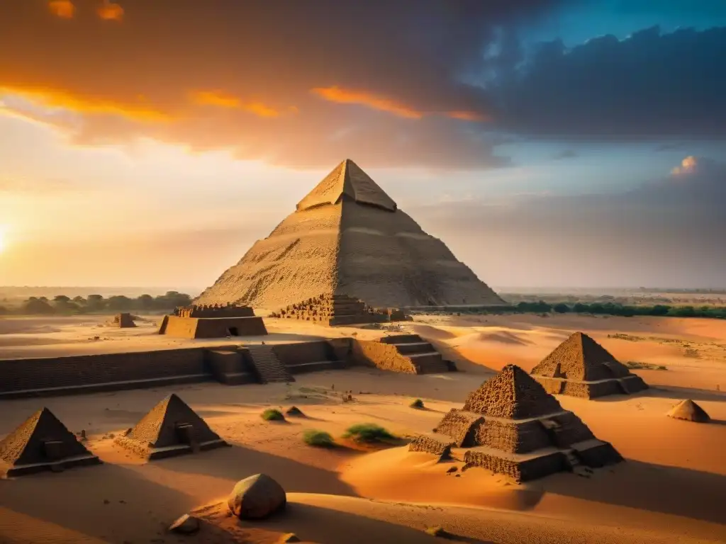 Pirámides de Meroe misterios en un atardecer ardiente, rodeadas de jeroglíficos y vegetación exuberante