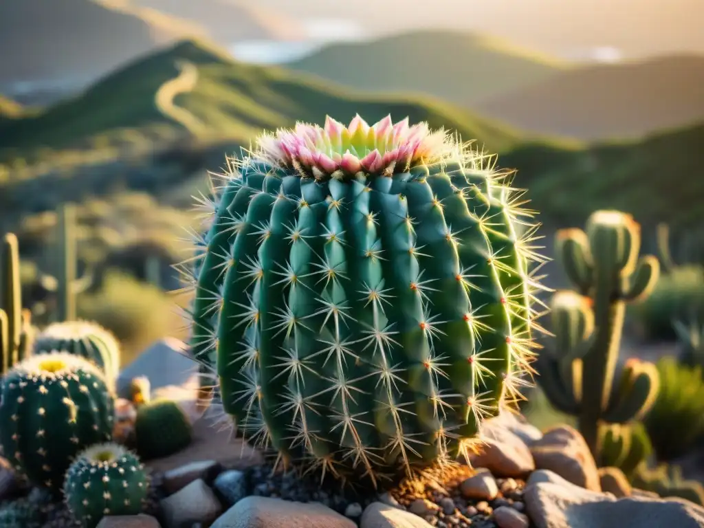 Planta mágica para bienestar espiritual: cactus verde vibrante en desierto místico al atardecer, iluminado por luz dorada