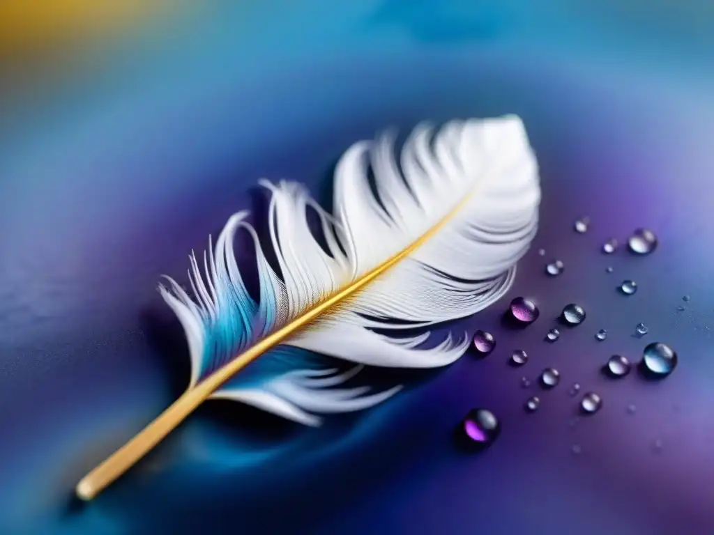 Pluma blanca flotando en tinta brillante con colores místicos Pluma blanca flotando sobre tintes místicos de oro, azul y morado