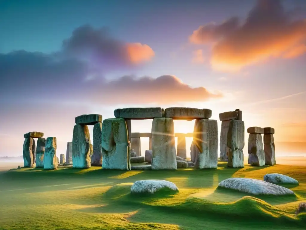 Poder espiritual Stonehenge: Antiguas piedras en un amanecer dramático, creando aura mística y enigmática