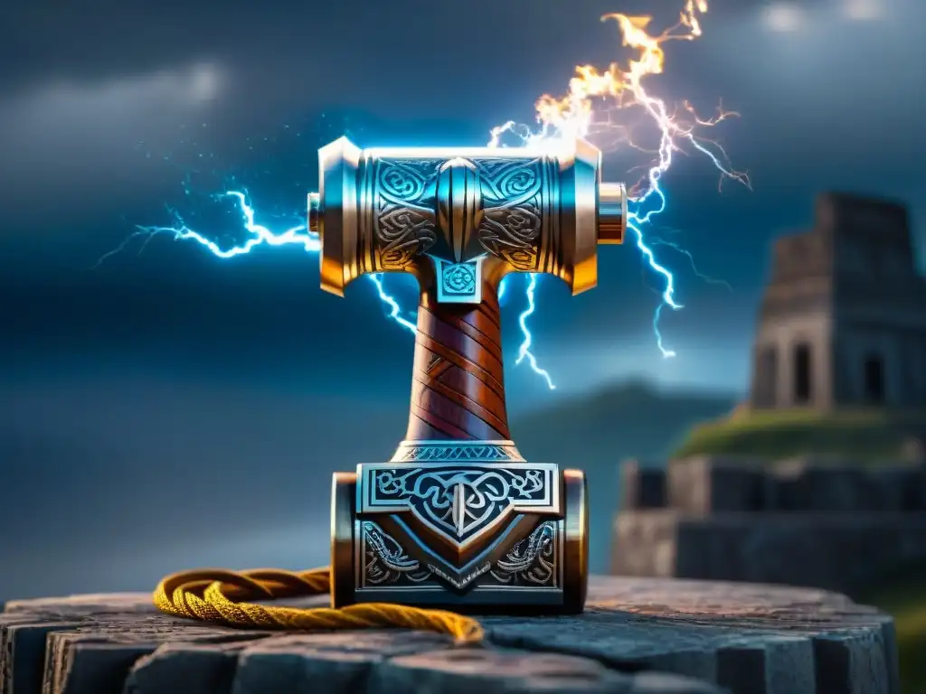 Poder y mitología nórdica se entrelazan en esta detallada ilustración de Mjölnir, el martillo de Thor, con energía celestial