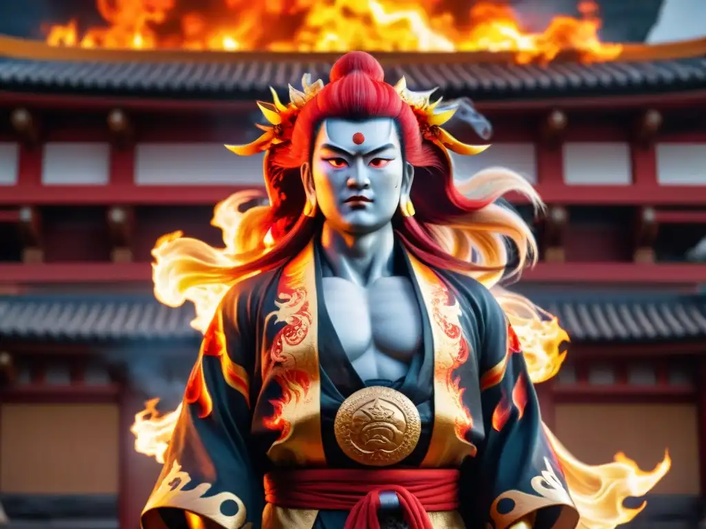 Poderosa representación de Kagutsuchi, dios japonés del fuego, en un paisaje flamígero con arquitectura tradicional japonesa en llamas