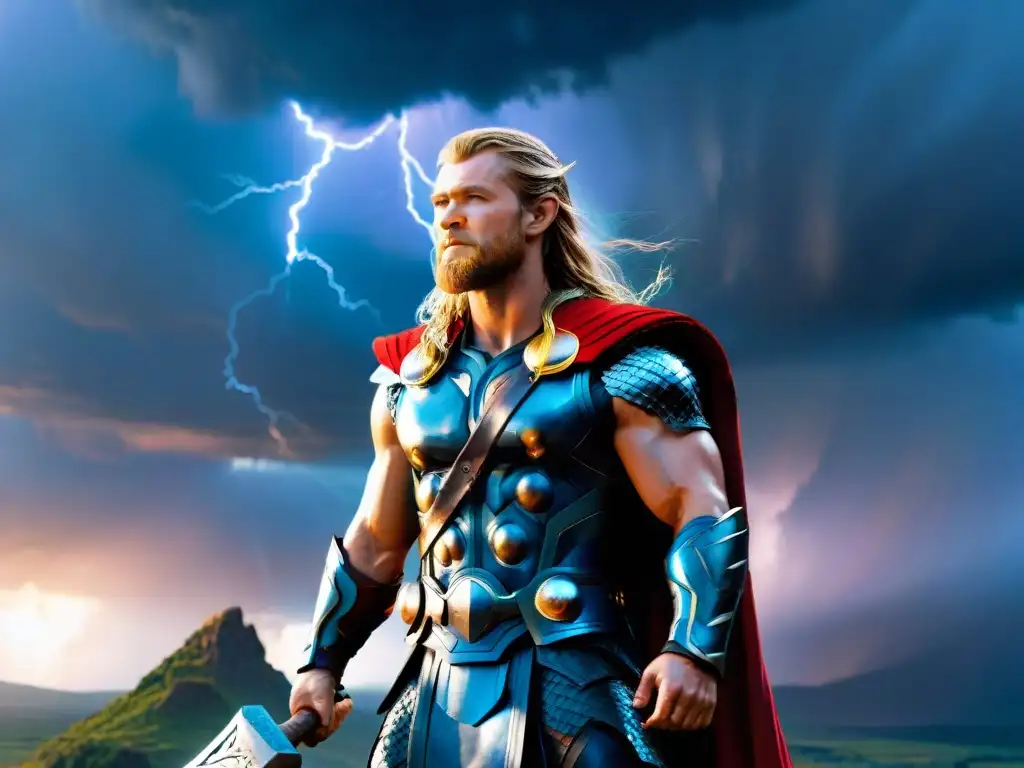 Un Thor poderoso con su martillo en Asgard durante una tormenta