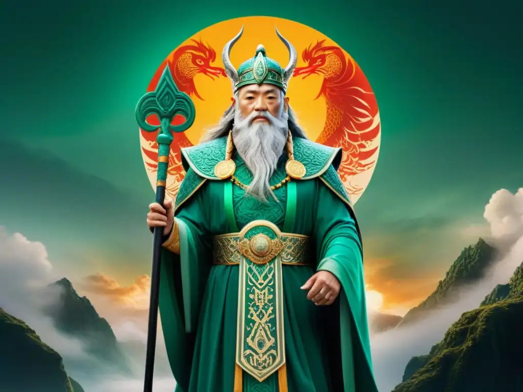 Dos poderosos dioses, Odin y el Emperador de Jade, en un paisaje mítico que fusiona elementos nórdicos y chinos