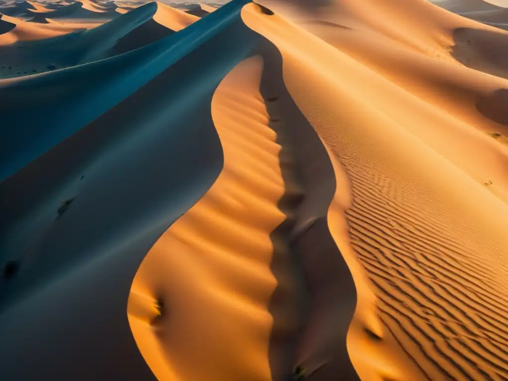 Poemas antiguos beduinos misteriosos: Ondulantes dunas doradas bajo cielo azul en el desierto árabe, creando arte natural hipnótico