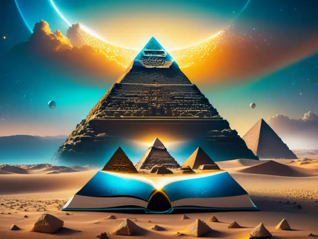 Portada de libro de ciencia ficción con ciudad futurista y pirámides iluminadas, fusionando inspiración egipcia en ciencia ficción