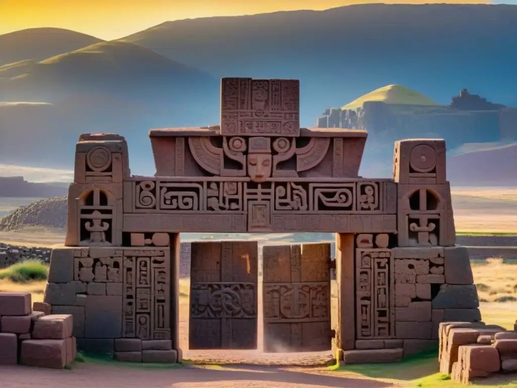 Portal dorado de Tiwanaku: tallada con símbolos antiguos, bañada por el sol poniente en piedras envejecidas