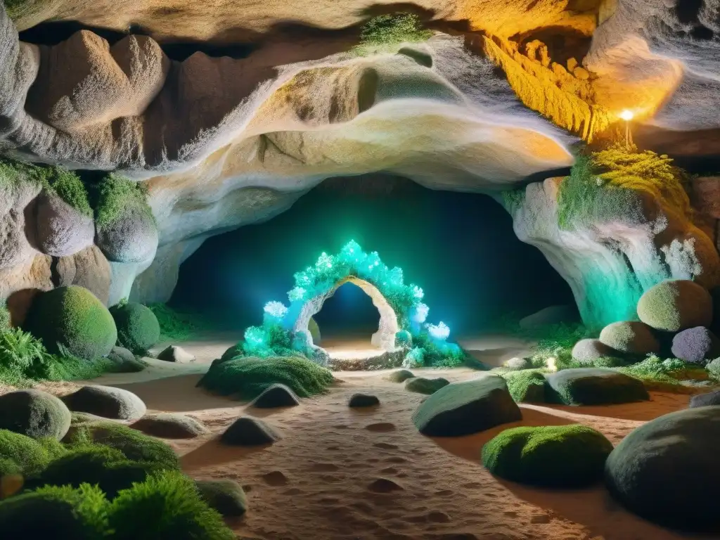 **'Portal geoda brillante en cueva mística'** Descubre un portal energético antiguo en una cueva mística rodeada de geodas brillantes