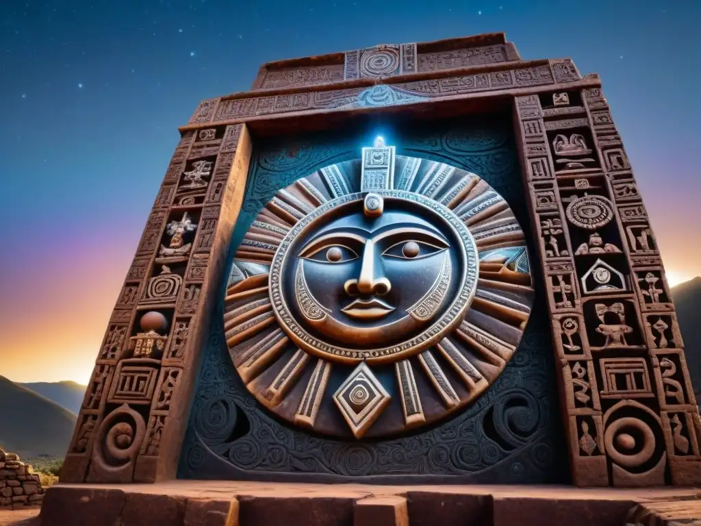 Portal estelar Puerta del Sol en Tiahuanaco, con deidades solares y motivos celestiales en antiguo relieve, entre montañas andinas y cielo estrellado