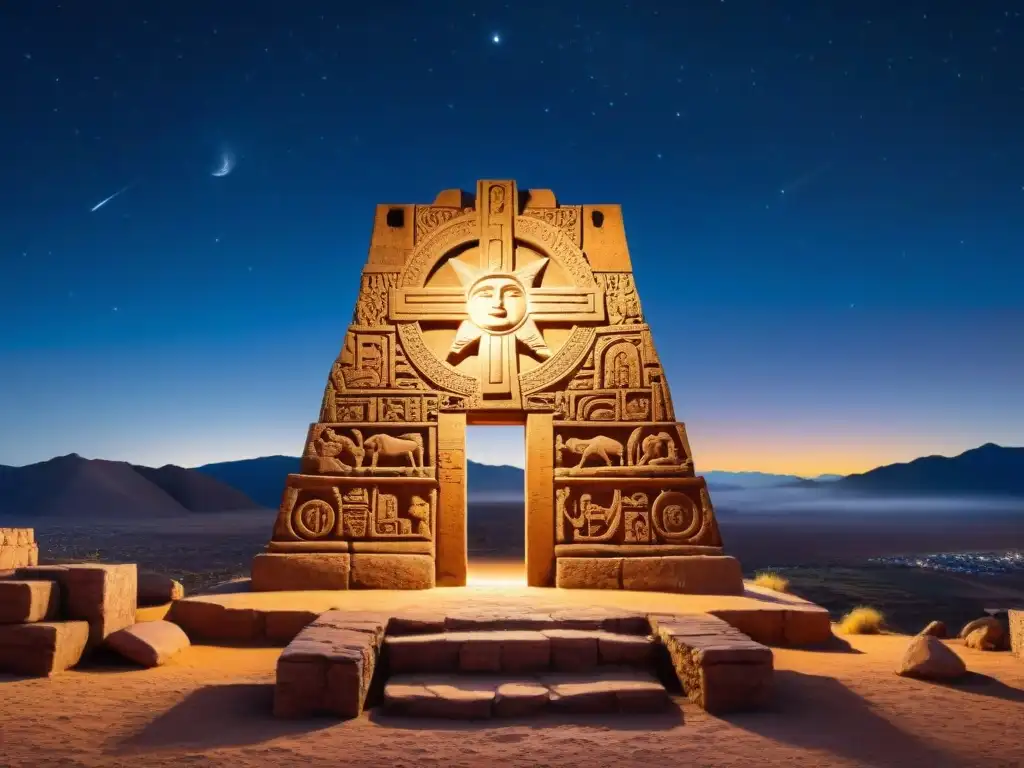 Un portal estelar en la Puerta del Sol de Tiahuanaco, con figuras celestiales y montañas andinas bajo un cielo estrellado