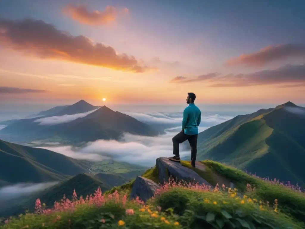 Practicante de tai chi en cima de montaña al amanecer