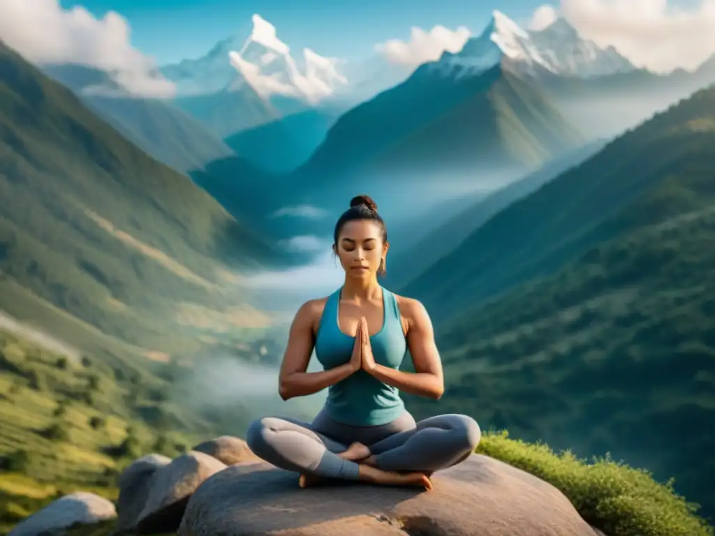 Un practicante de yoga en equilibrio perfecto entre montañas nevadas y vegetación exuberante en el Himalaya