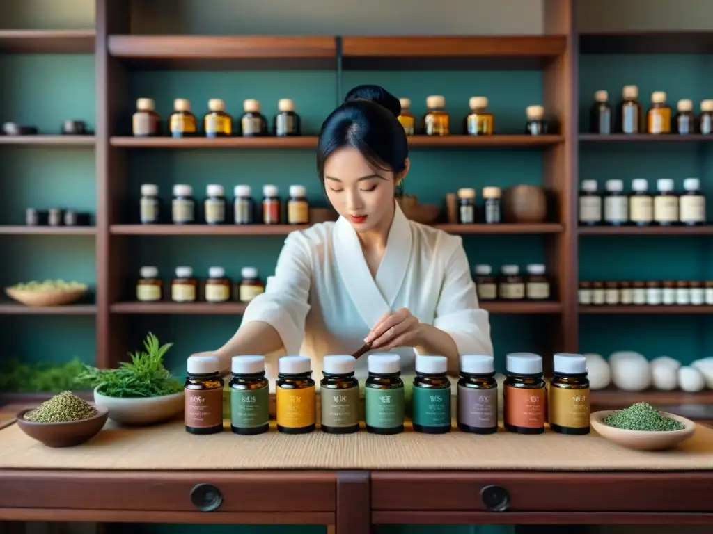 Un practicante de medicina tradicional china preparando aceites esenciales para aromaterapia, rodeado de hierbas