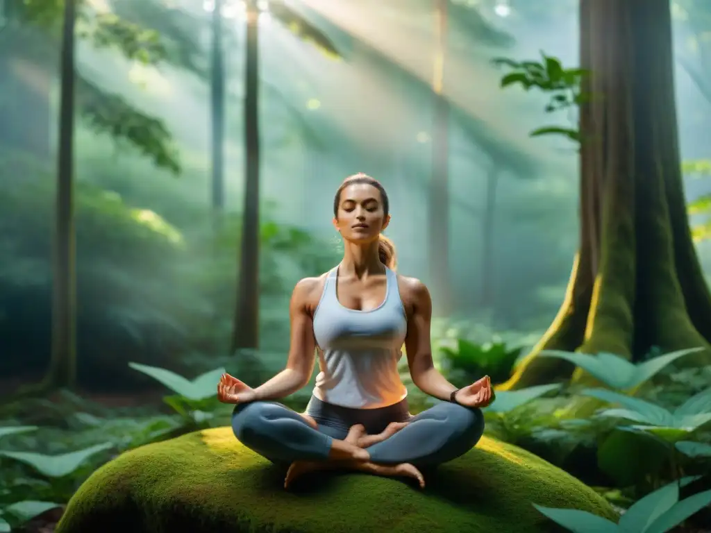 Practicante de yoga en meditación, conectando con la naturaleza en un bosque exuberante