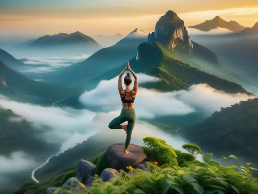 Un practicante de yoga en la Postura del Árbol, reflejando el significado espiritual de las posturas de yoga en un amanecer montañoso lleno de paz