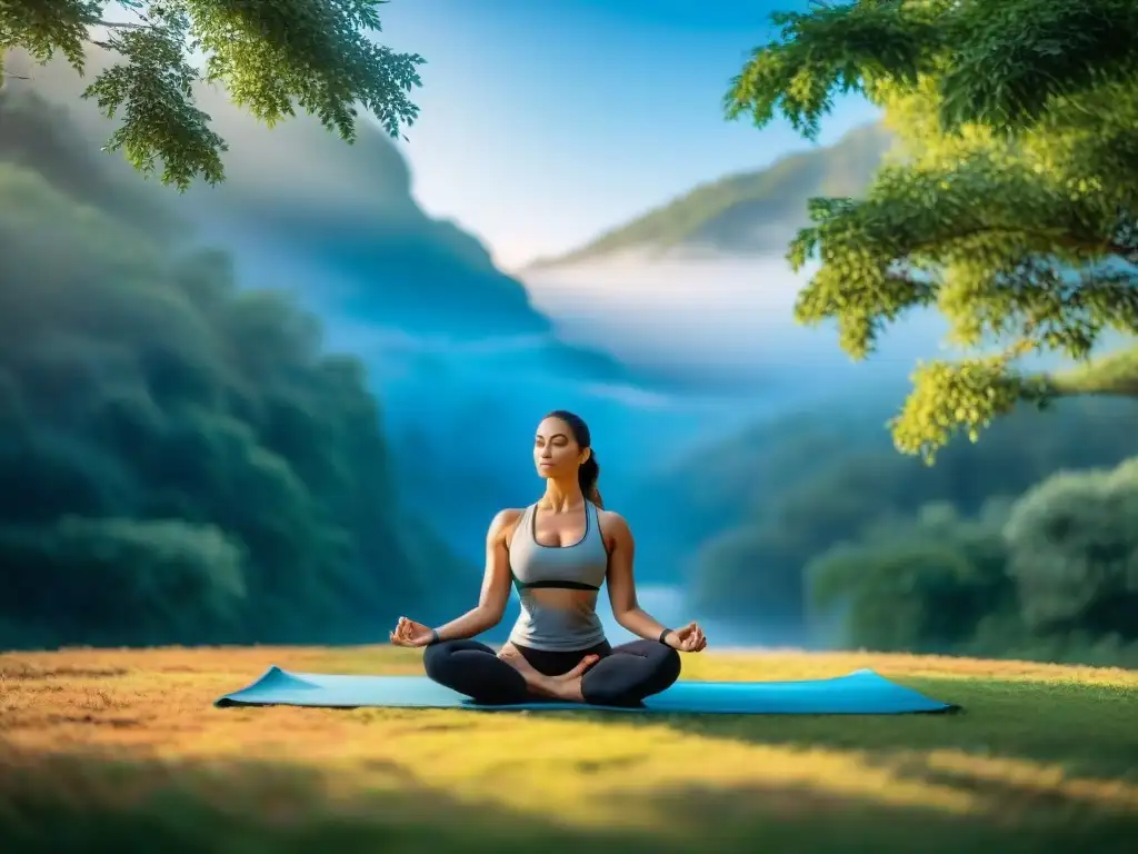 Practicante de yoga en meditación, rodeado de naturaleza, con cielo azul de fondo