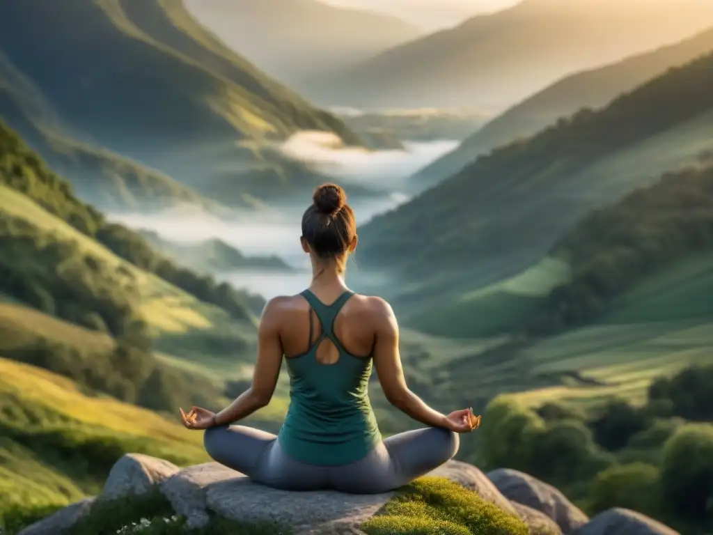 Practicante de yoga en Tadasana al amanecer, conectado con la tierra y la naturaleza