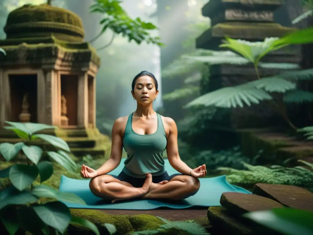 Practicante de yoga meditando en un bosque exuberante junto a ruinas antiguas, simbolizando la conexión eterna entre yoga y preservación de sabiduría