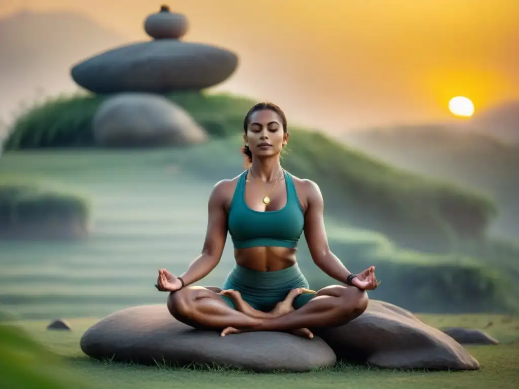 Un practicante de yoga sereno, rodeado de símbolos de sabiduría, en un prado verde al atardecer