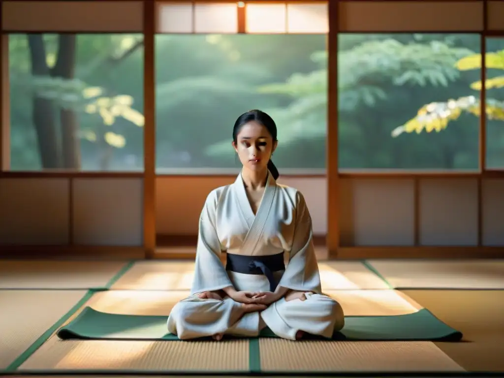 Practicantes de Aikido y Yoga en armonía en un dojo al amanecer, transmitiendo paz y unidad