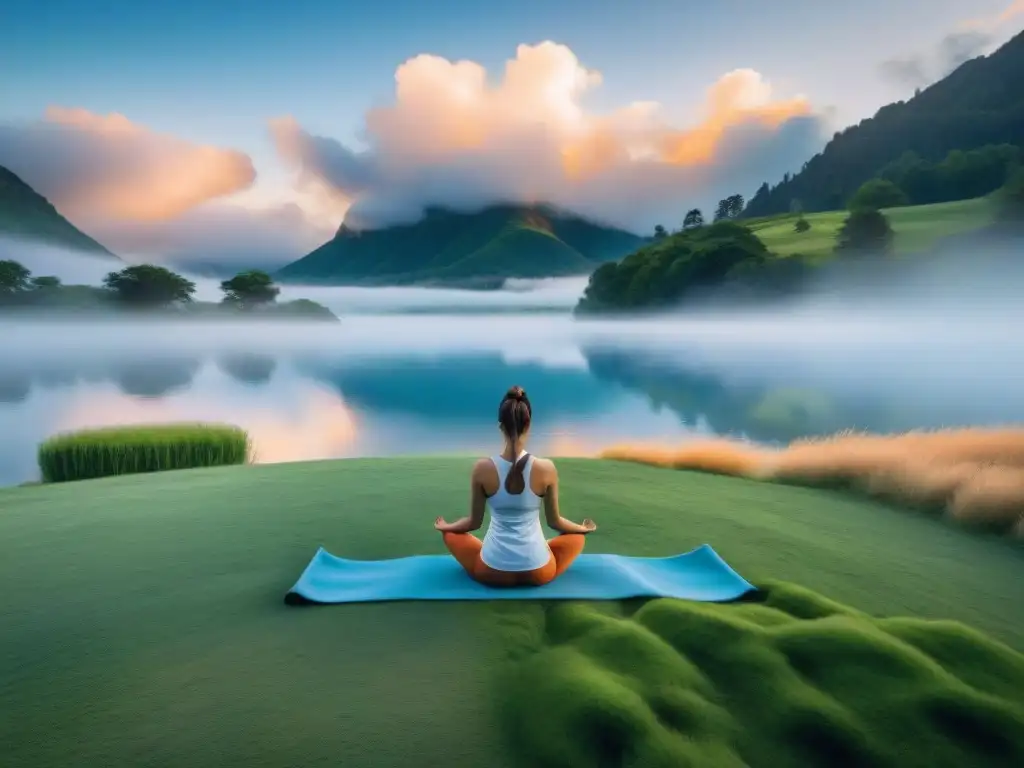 Practicantes de yoga disfrutan de la serenidad de la mañana en un prado verde, reflejando los beneficios ayuno dieta yoguica