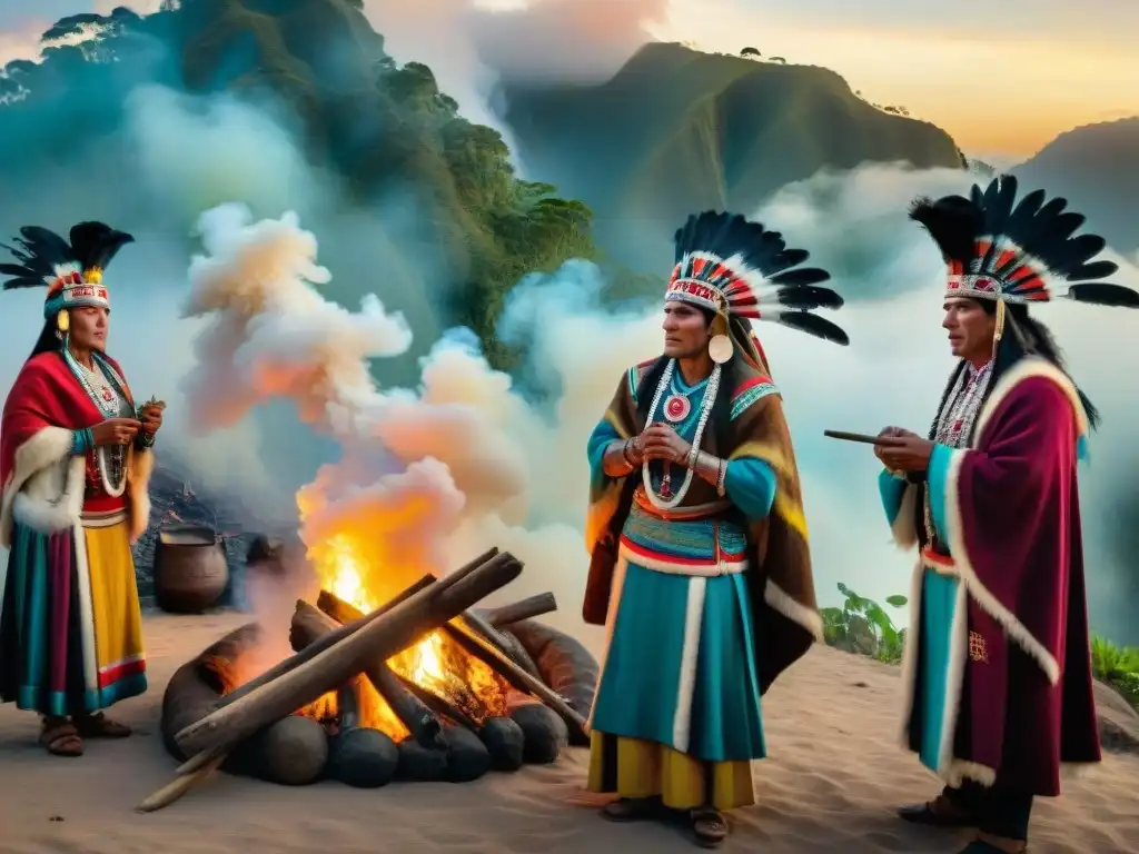 Prácticas chamánicas en el Antiguo Perú: Antiguos chamanes peruanos realizan un ritual sagrado alrededor de una fogata, con ruinas y selva de fondo