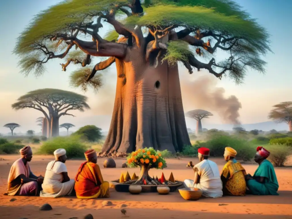 Prácticas espirituales ancestrales en África: ancianos realizan ritual bajo baobab sagrado