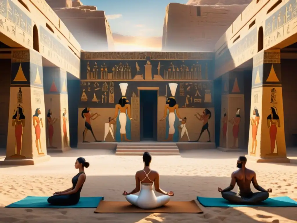 Prácticas espirituales en el antiguo Egipto: Personas realizan yoga imitando a dioses egipcios en un templo al atardecer