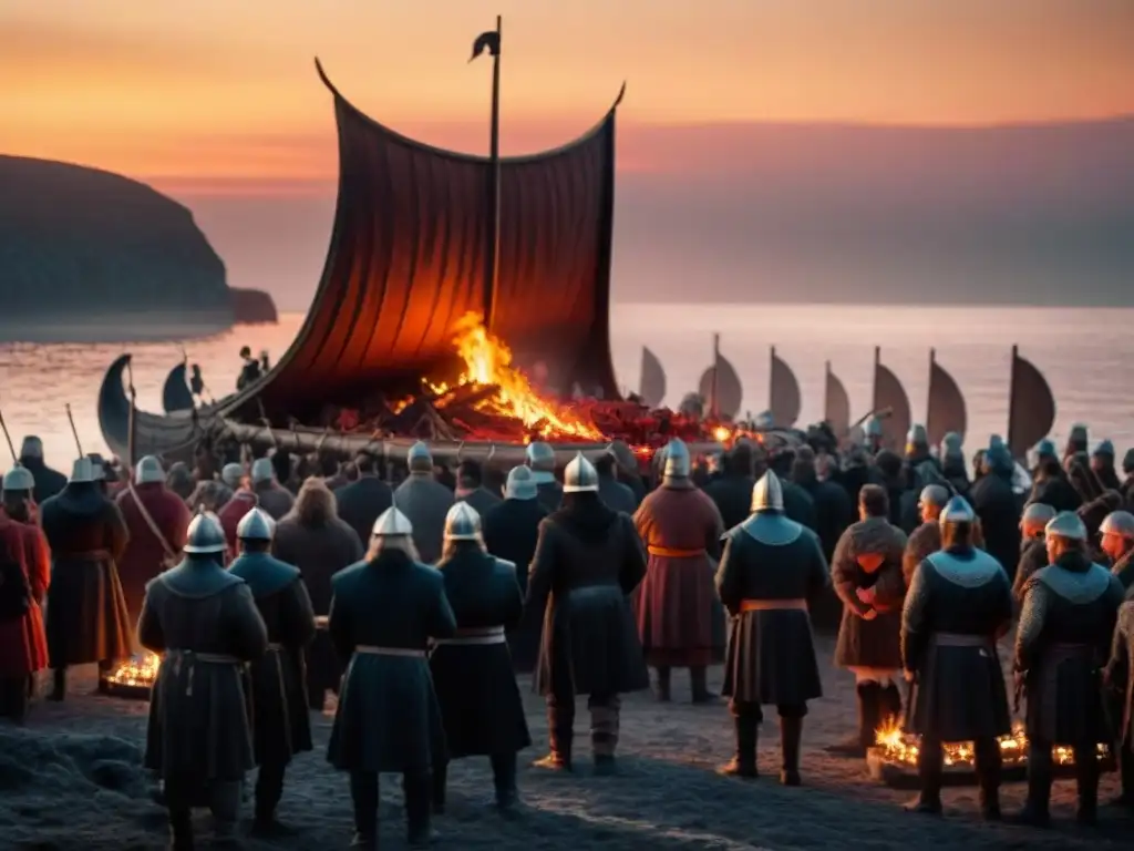 Prácticas funerarias Vikingos significado: Ritual funerario vikingo con un majestuoso barco en llamas al atardecer