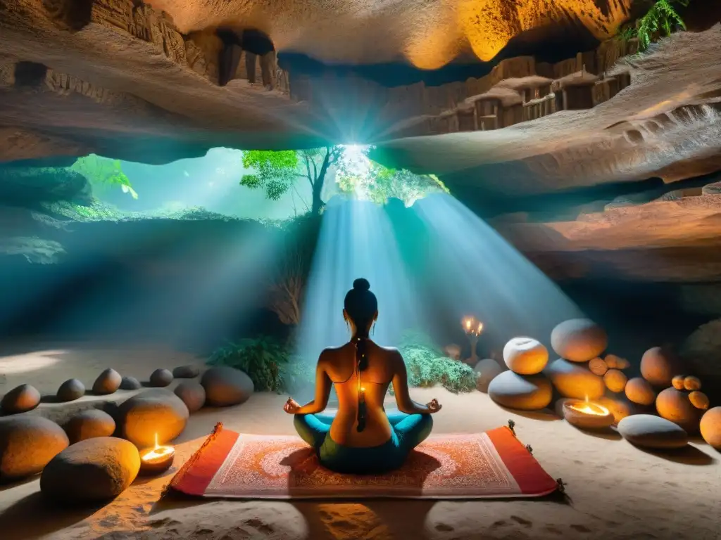 Prácticas de meditación en la India: Escena espiritual en cueva antigua con deidades talladas, meditador y colores vibrantes