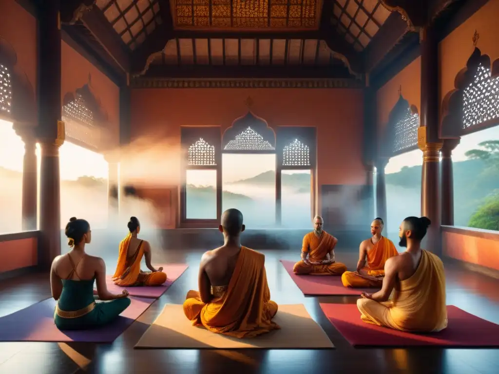 Prácticas de meditación en la India: Sala de meditación antigua con maestros en saffron