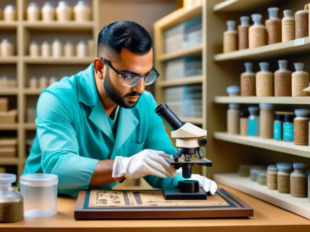 Examinando con precisión un artefacto egipcio antiguo bajo un microscopio de alta tecnología en un laboratorio de conservación de artefactos antiguos