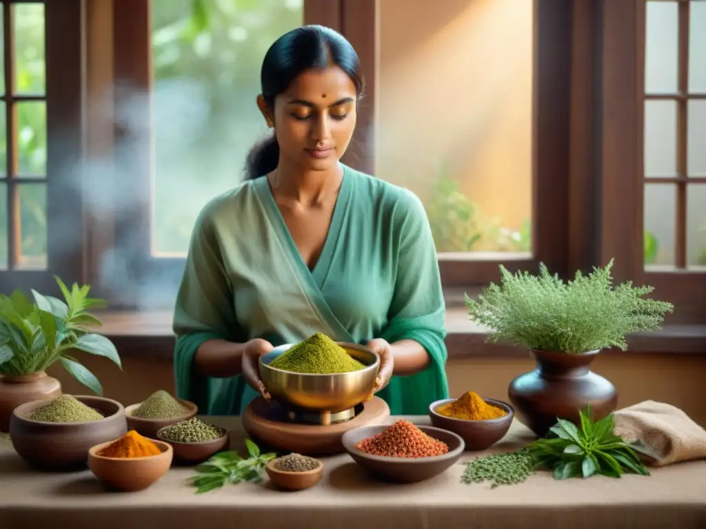 Preparación de remedios herbales en Yoga Ayurveda: ilustración detallada y vibrante de un practicante preparando hierbas en un mortero y mano