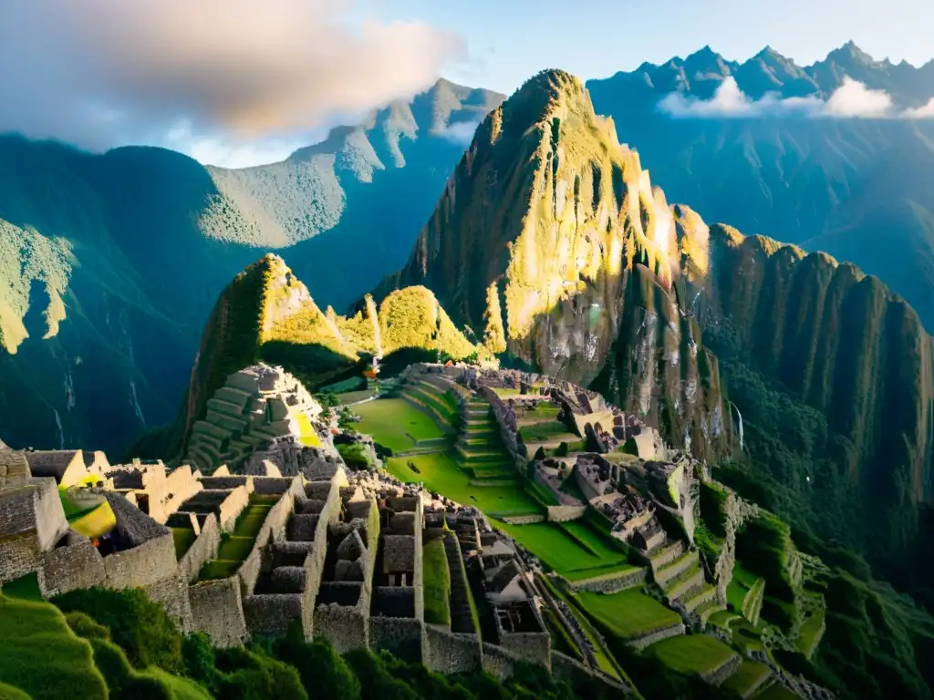 Primera luz del amanecer iluminando Machu Picchu, con niebla entre montañas