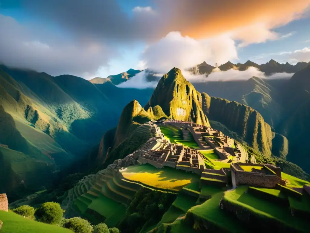 Primera luz del amanecer iluminando templo Inca en el Valle Sagrado