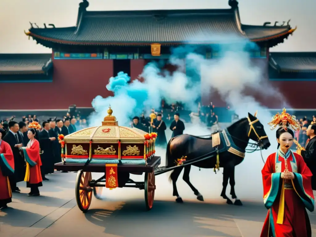 Una procesión funeraria antigua en China con vestimenta ceremonial, instrumentos tradicionales y un majestuoso carruaje llevando un ataúd adornado