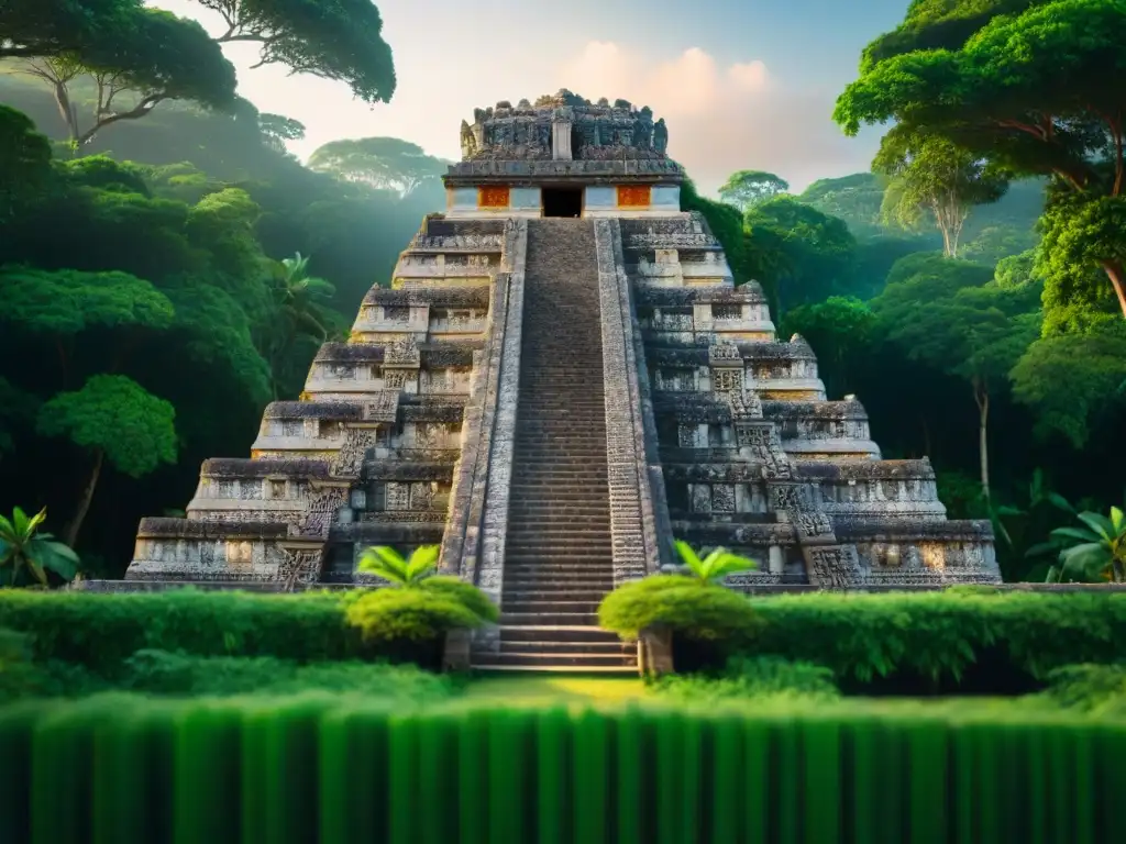 Profecía maya: detallado sitio arqueológico con calendario cuenta larga entre la frondosa selva, bañado por cálida luz solar